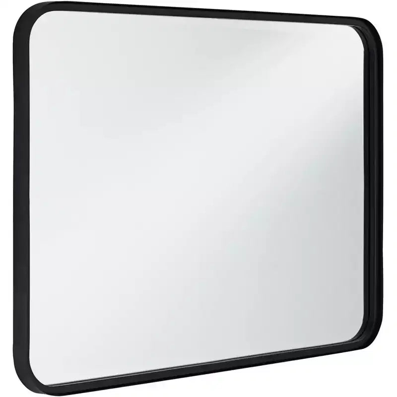 Miroir mural rectangulaire moderne biseauté à bords arrondis en fer noir de 24 pouces de large Liguria pour salle de bain, chambre, salon, entrée