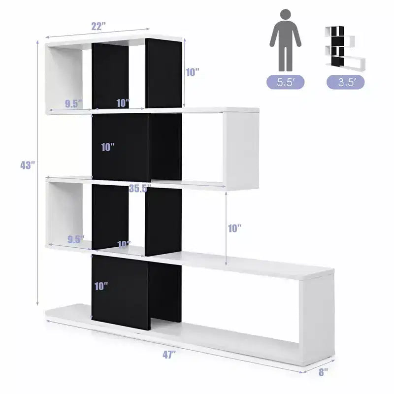 Étagère d'angle à 5 niveaux pour bibliothèque, présentoir de rangement noir et blanc