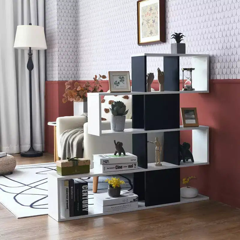 Étagère d'angle à 5 niveaux pour bibliothèque, présentoir de rangement noir et blanc