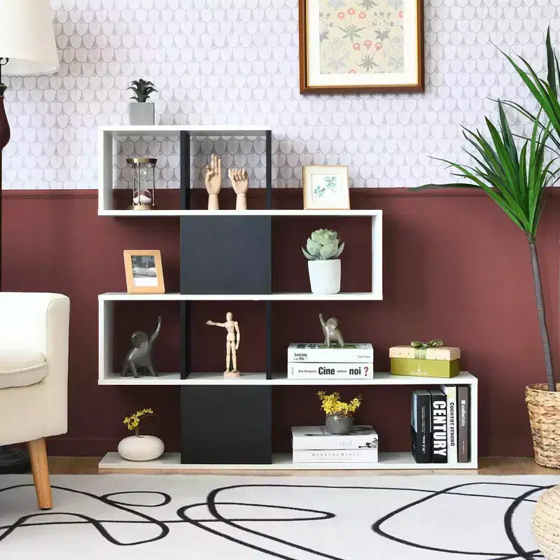 Étagère d'angle à 5 niveaux pour bibliothèque, présentoir de rangement noir et blanc