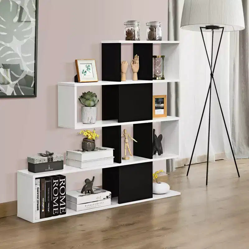Étagère d'angle à 5 niveaux pour bibliothèque, présentoir de rangement noir et blanc
