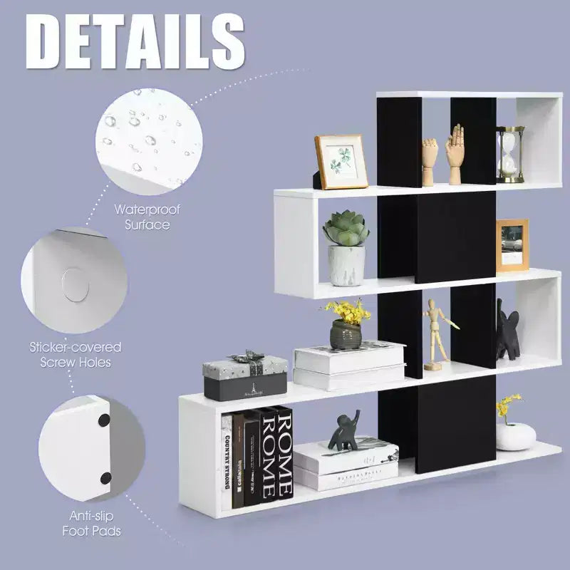 Étagère d'angle à 5 niveaux pour bibliothèque, présentoir de rangement noir et blanc